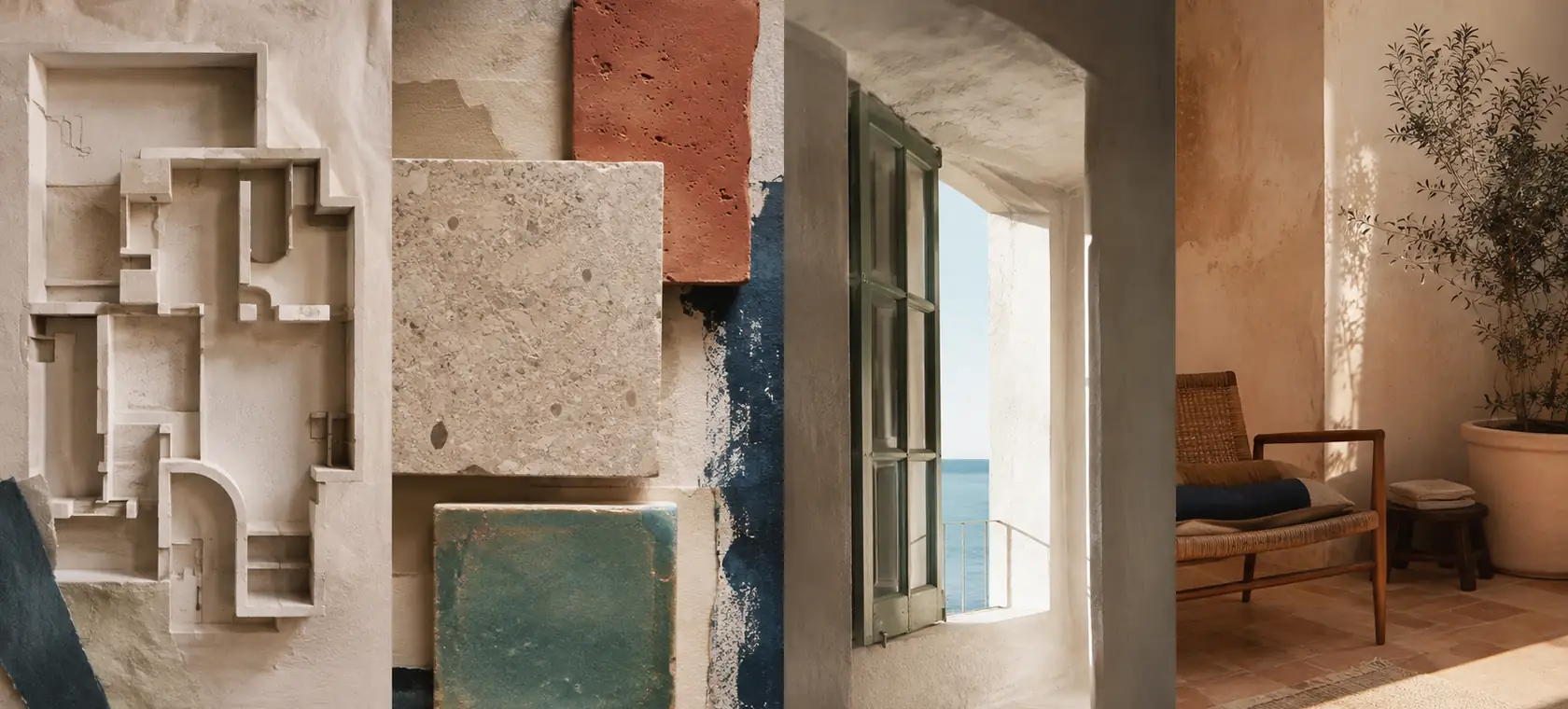 Secuencia táctil de planta, materiales, ventana al mar y rincón habitable bajo luz gaditana